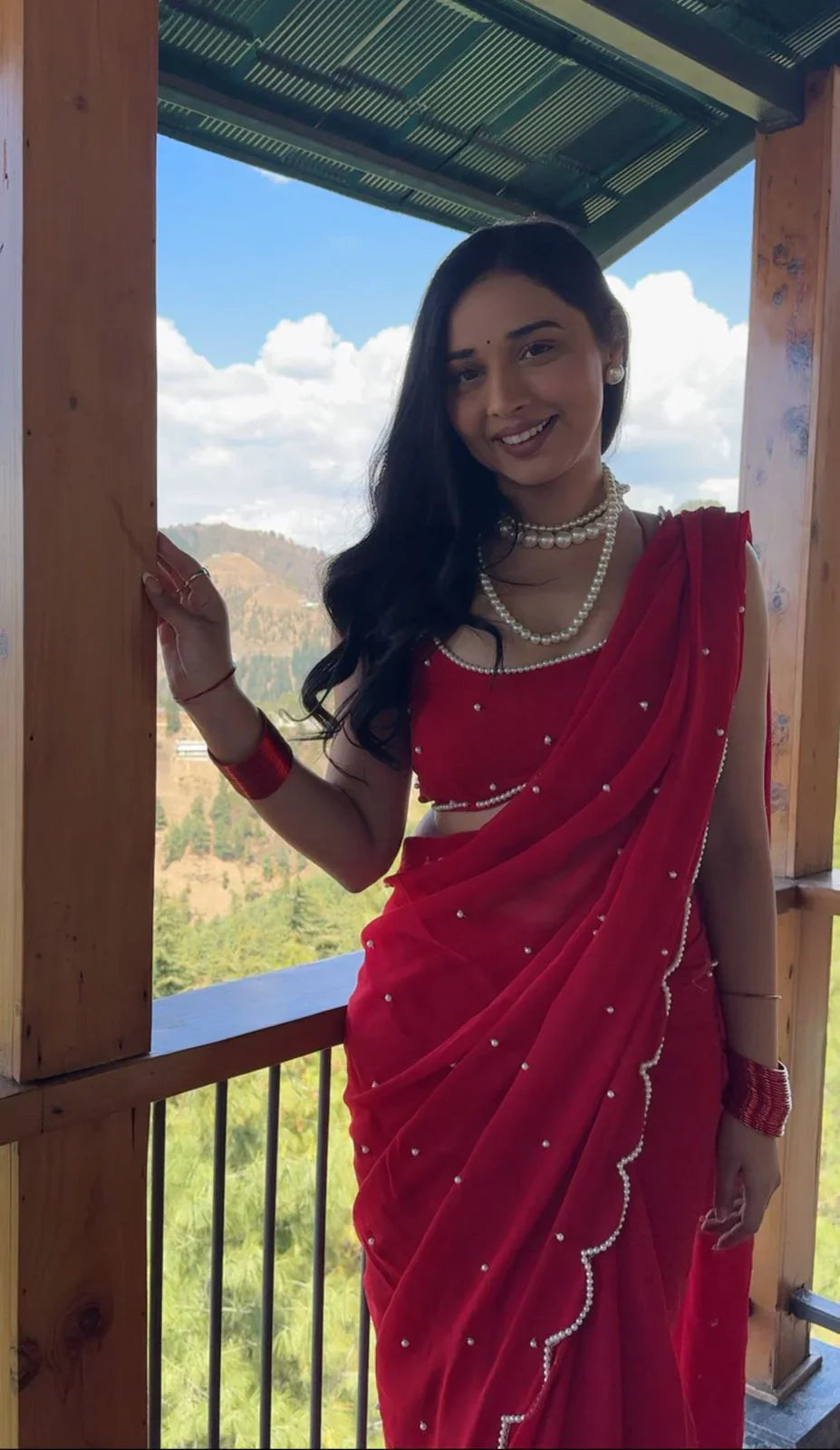 Pearl With Cutwork Border Red Ready To Wear Saree