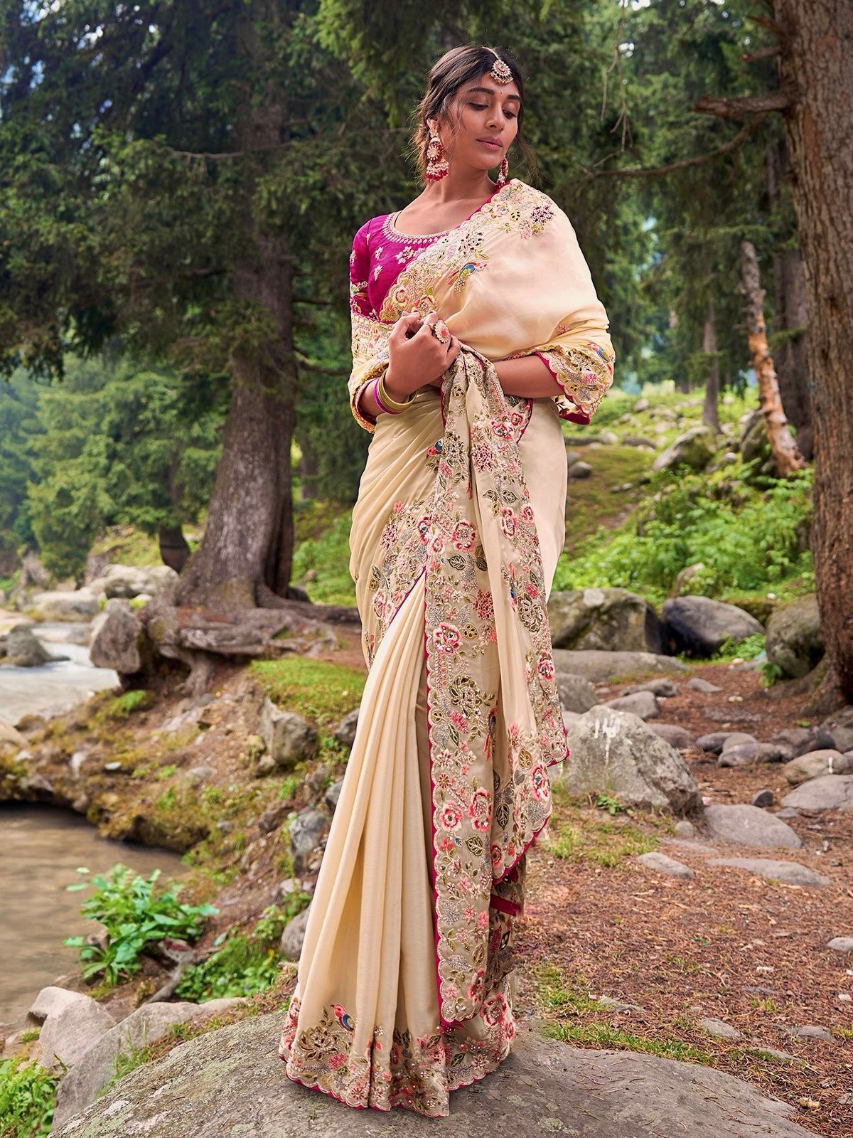 Captivating Embroidery Multi Threads Pink Color Saree