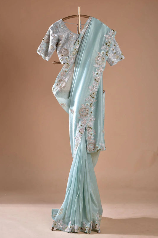 Embellished Embroidery Sky Blue Color Saree