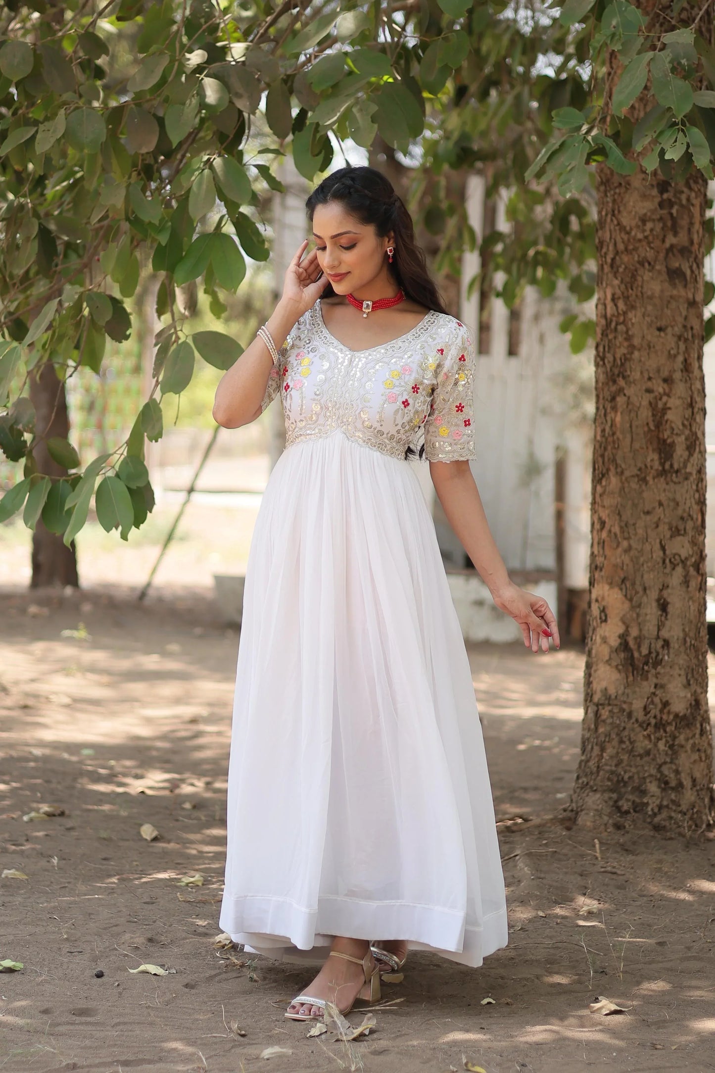 Outstanding Sequence Embroidery Work White Color Gown