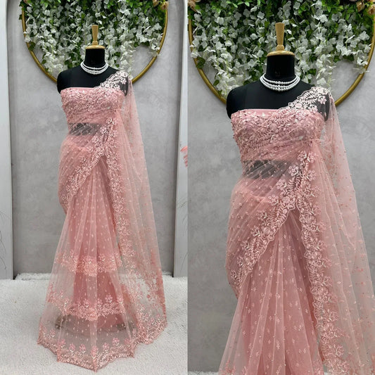 Exclusive Pin Color Pearl Work Net Saree