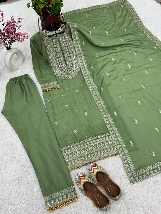 Superb Green Color Chinnon Silk Embroidery Salwar Suit