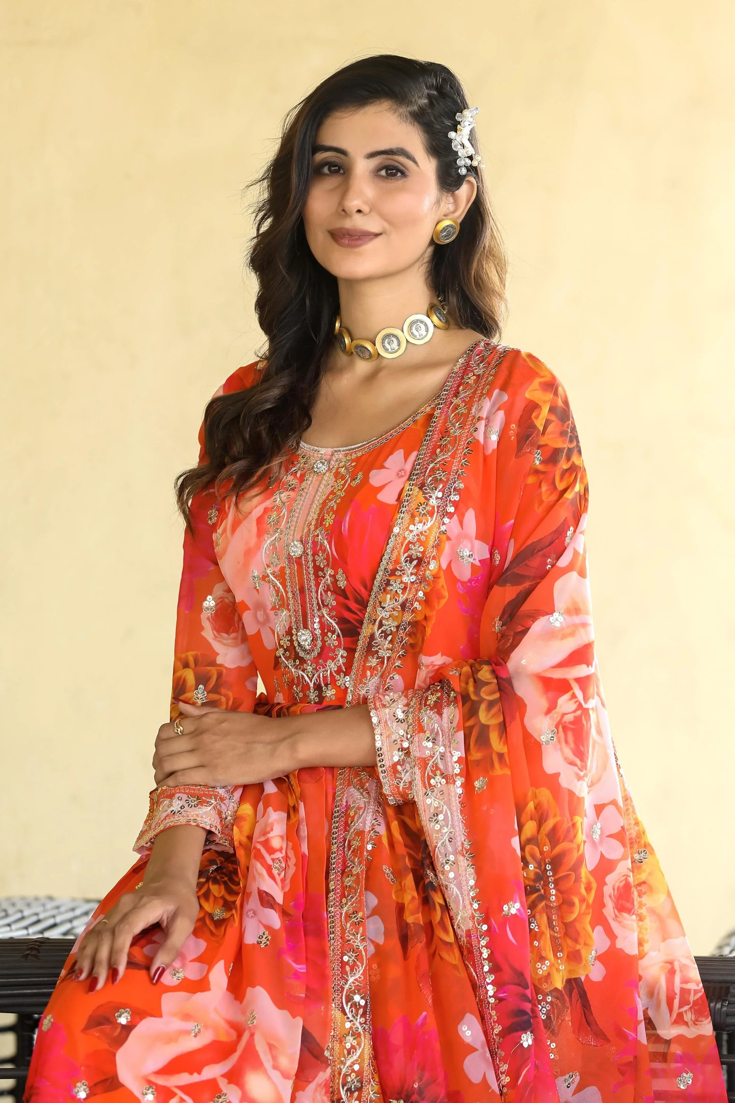 Flower Print Embroidery Work Black Georgette Anarkali Gown