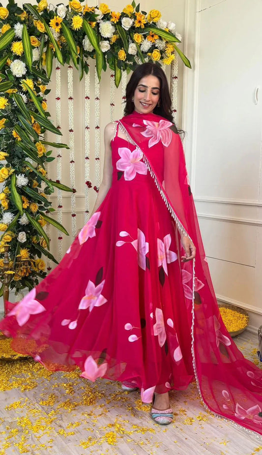 Stunning Classic Red Color Wear Digital Printed Organza Gown