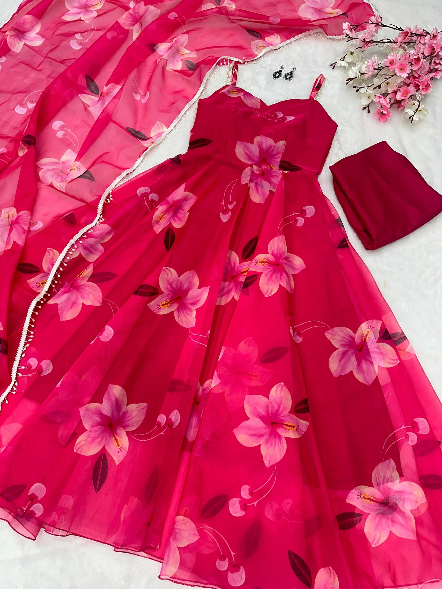 Stunning Classic Red Color Wear Digital Printed Organza Gown
