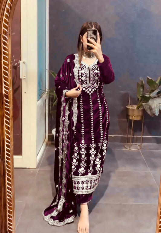 Beautiful Wine Color Velvet 5mm Sequence Work Salwar Suit