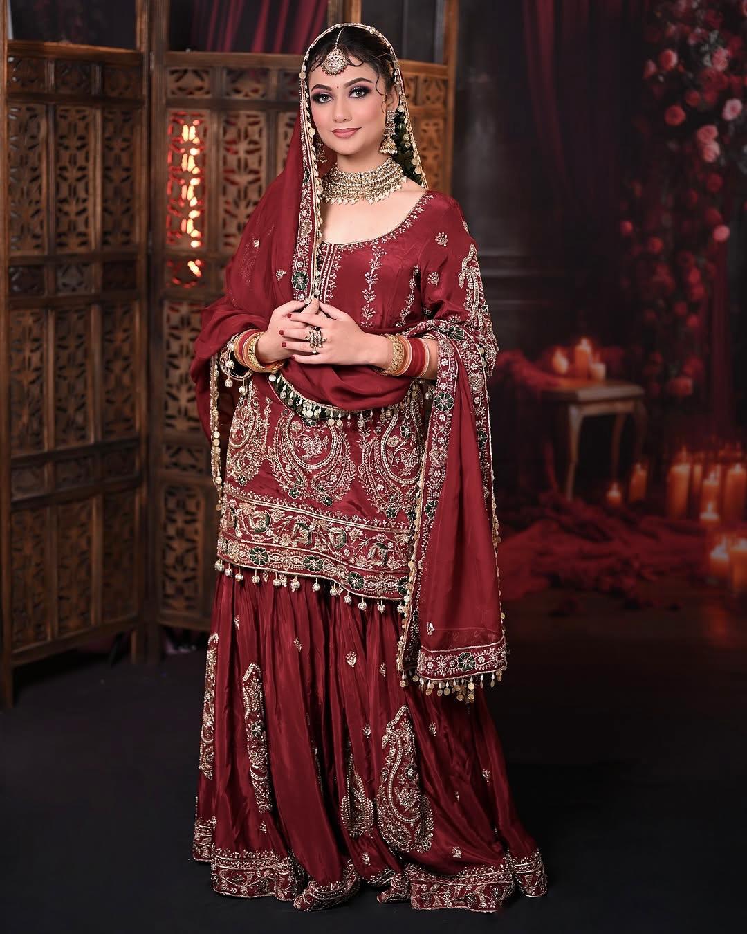 Designer Sequins Heavy Work Maroon Color Sharara Suit