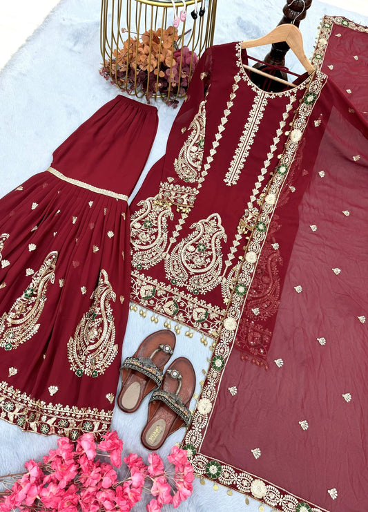 Designer Sequins Heavy Work Maroon Color Sharara Suit