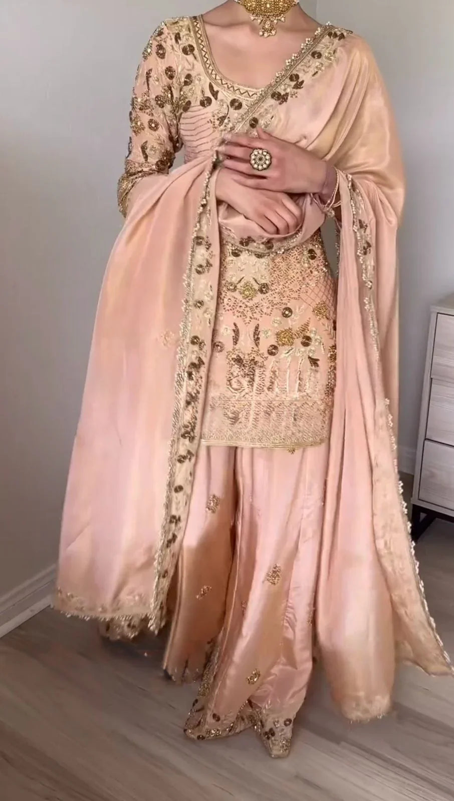 Elegant Jalpari Cotton Embroidery Work Peach Color Sharara Suit