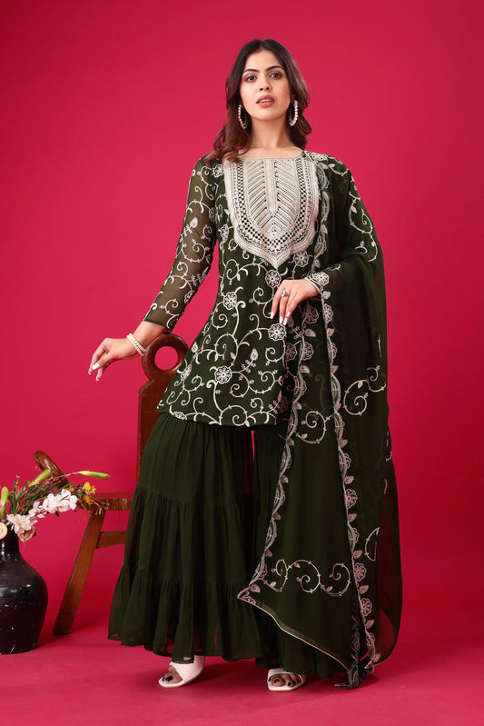 Designer Embroidery Work Green Color Sharara Suit