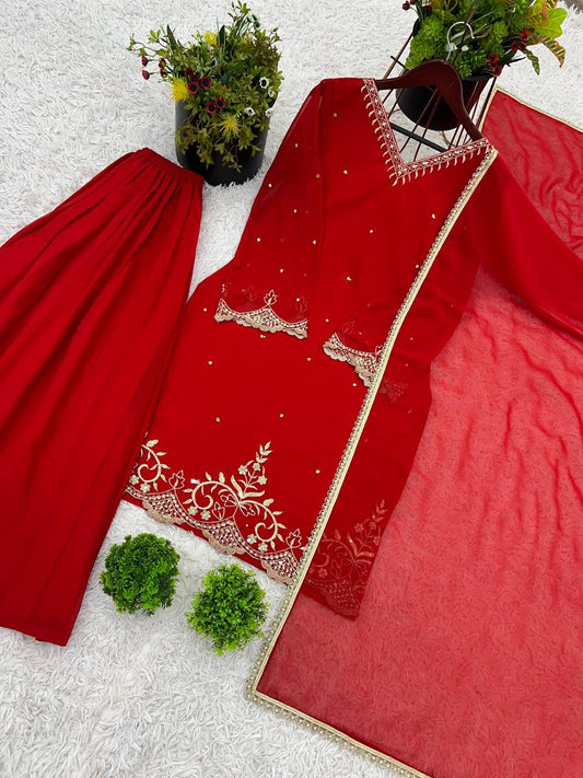 Awesome Embroidery Work Red Color Sharara Suit