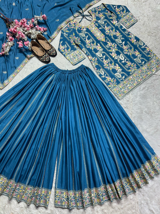 Designer Blue Color Embroidery Work Sharara Suit