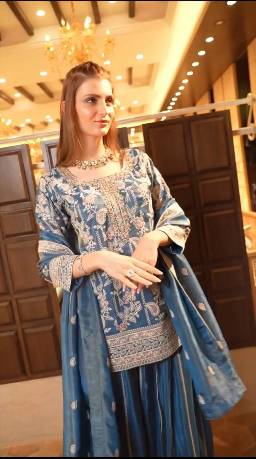 Designer Blue Color Embroidery Work Sharara Suit