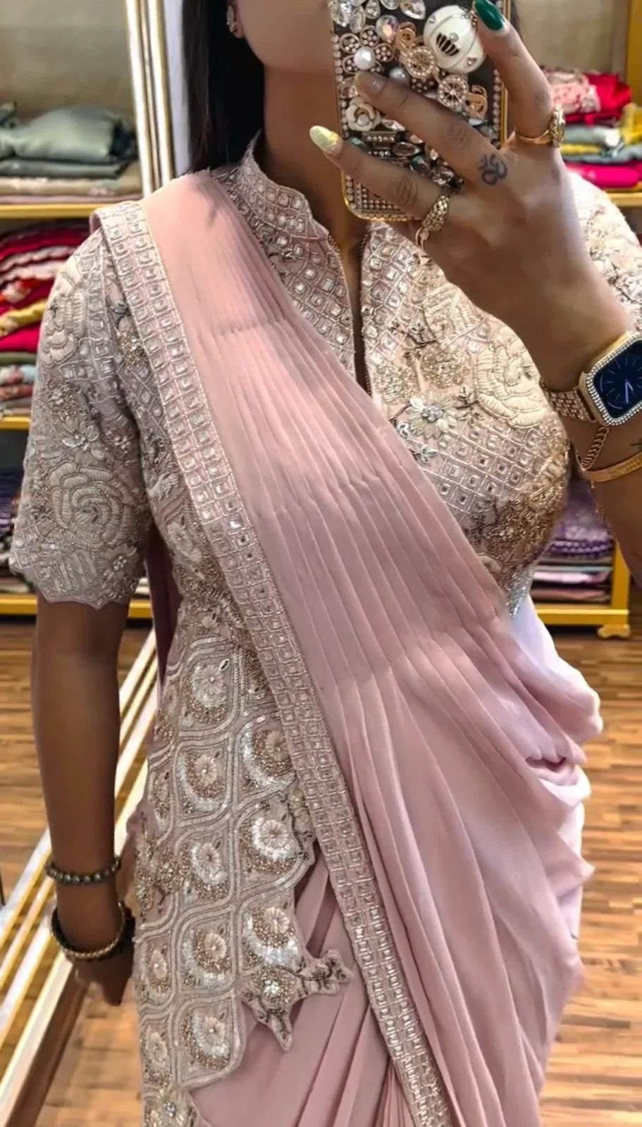 Classy Chinon Embroidery Work Peach Color Ready To Wear Sare