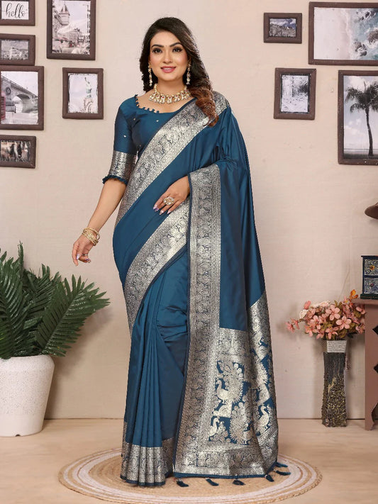 Stunning Banarasi Silk Teal Blue Color Saree