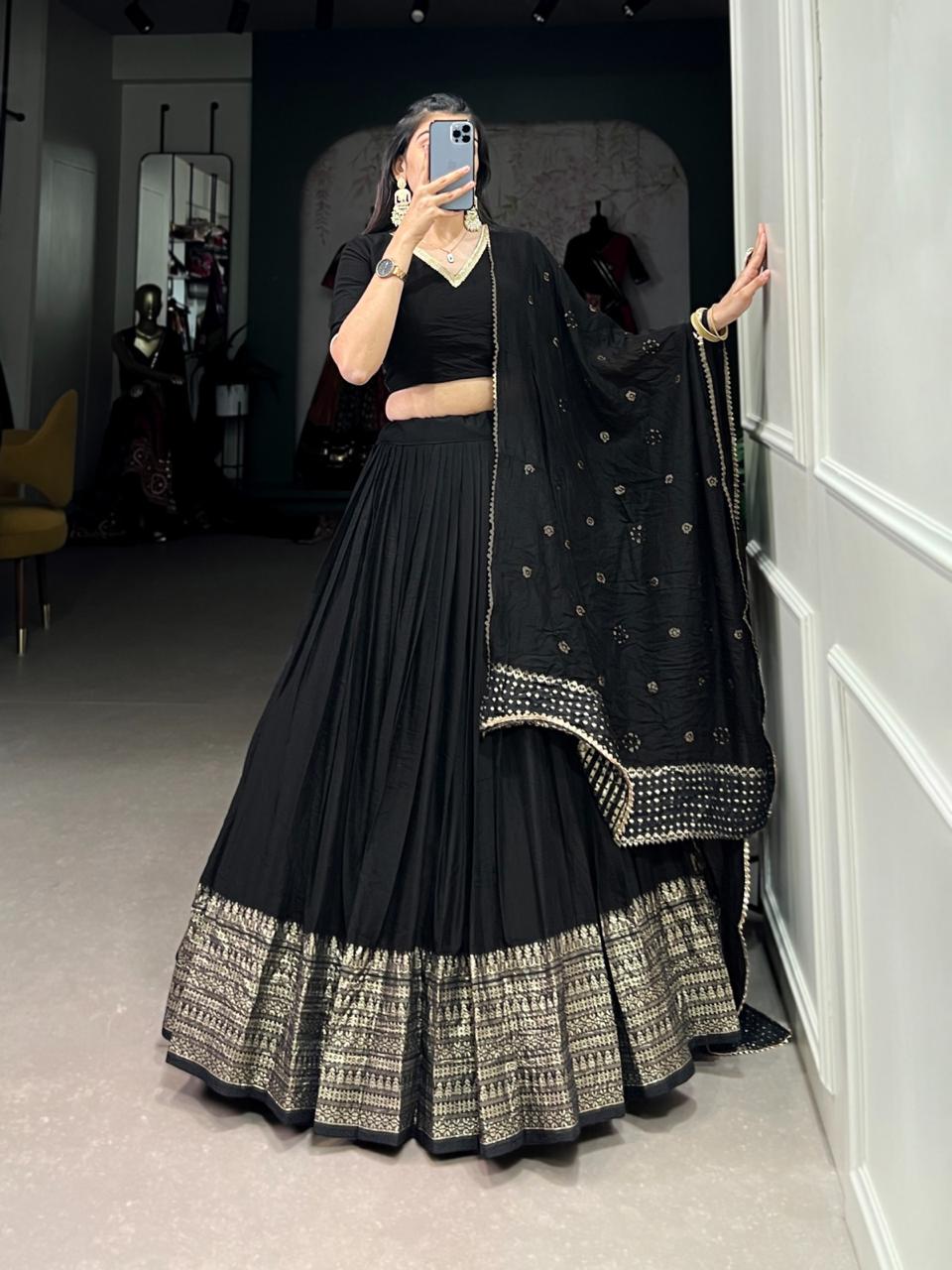 Pure Chanderi Plain Lehenga with Intricate Zari Work Border,