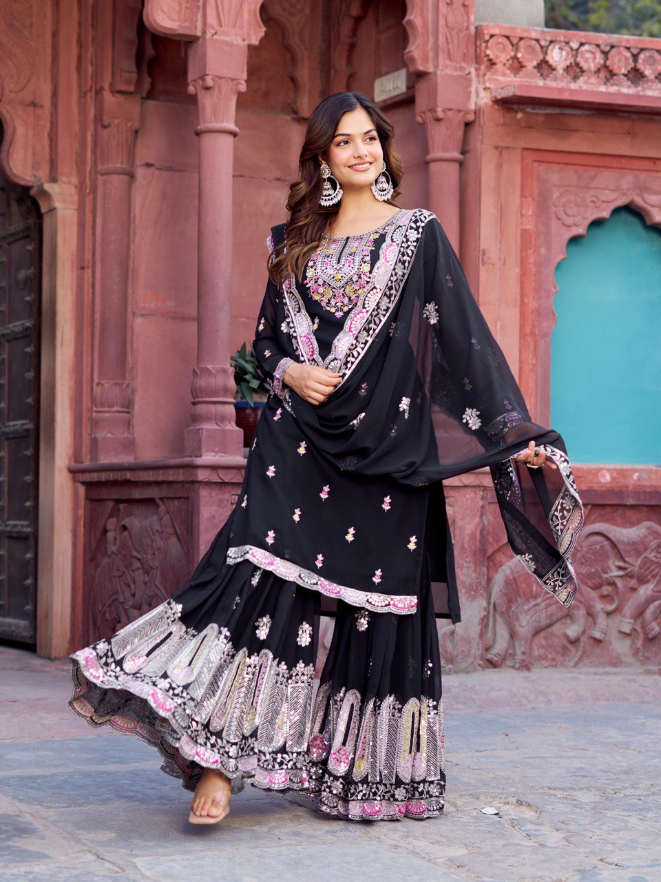 Delightful Heavy Work Black Color Sharara Suit