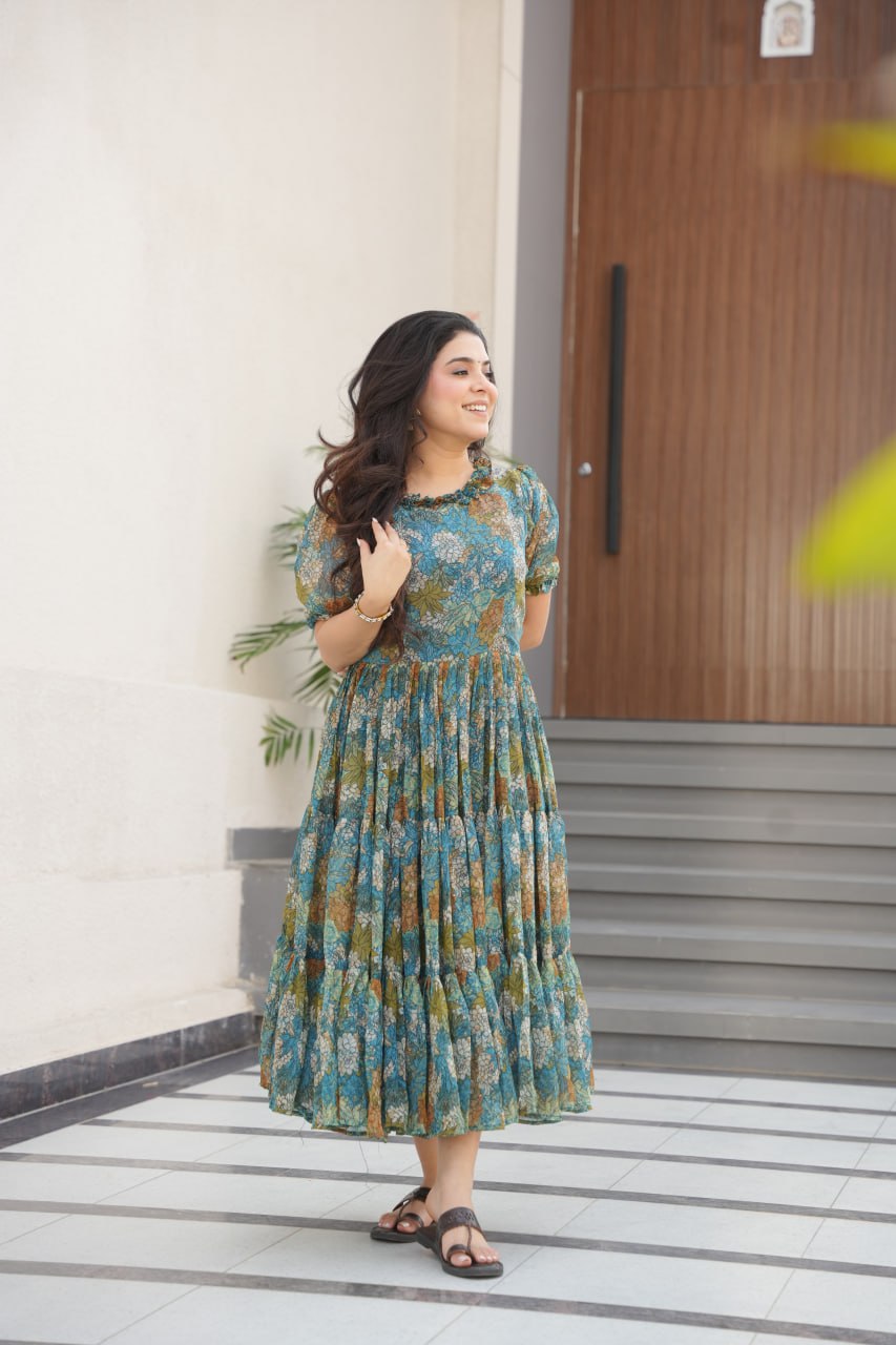 Desirable Women's Full Flair Gown Made With Faux Georgette Fabrics With Print