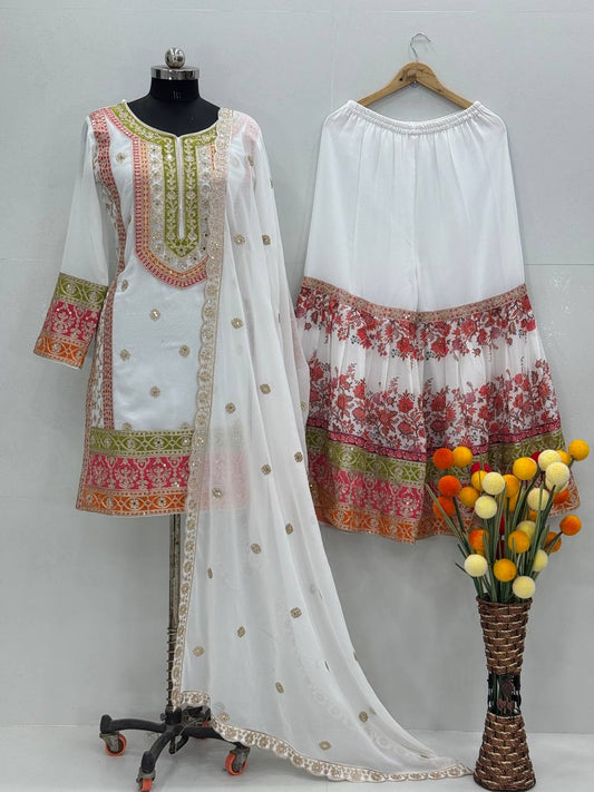 Stunning Embroidery Work White Color Palazzo Suit