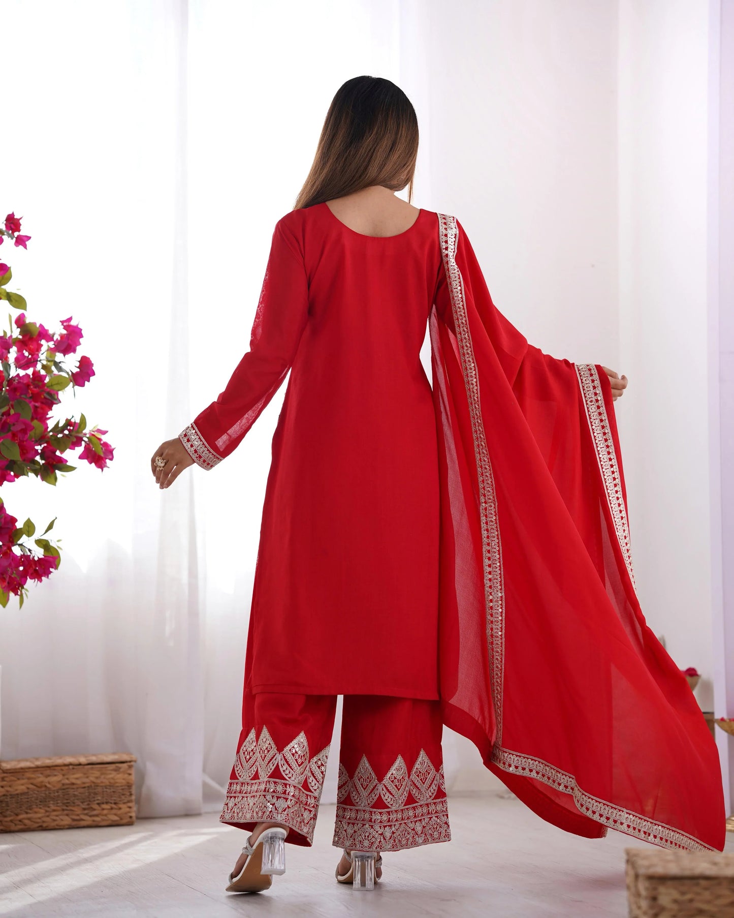 Charming Embroidery Work Red Color Palazzo Suit