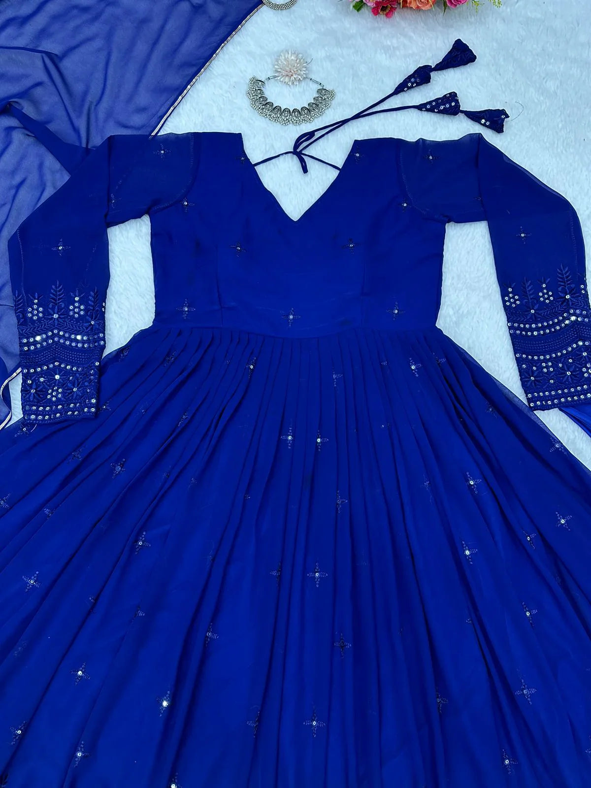 Fantastic Georgette Navy Blue Color Gown