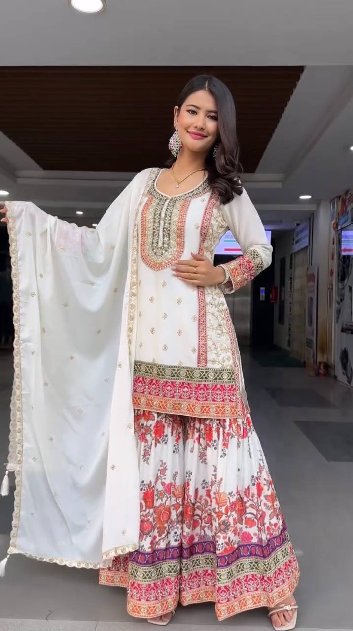Stunning Embroidery Work White Color Palazzo Suit