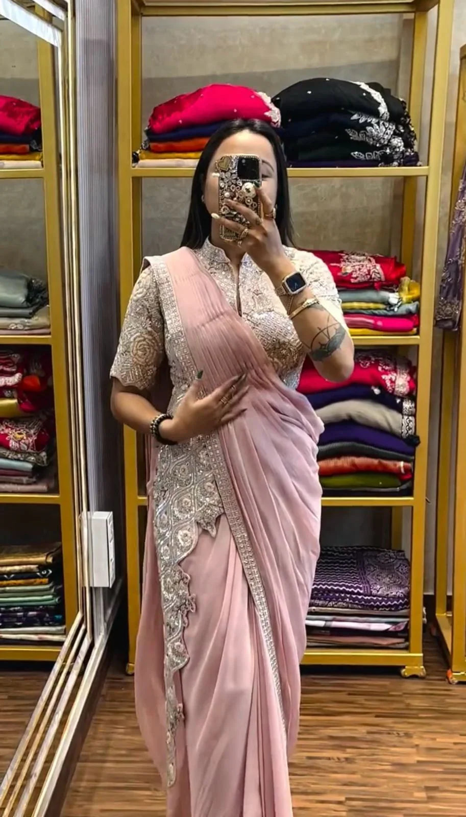 Classy Chinon Embroidery Work Peach Color Ready To Wear Sare
