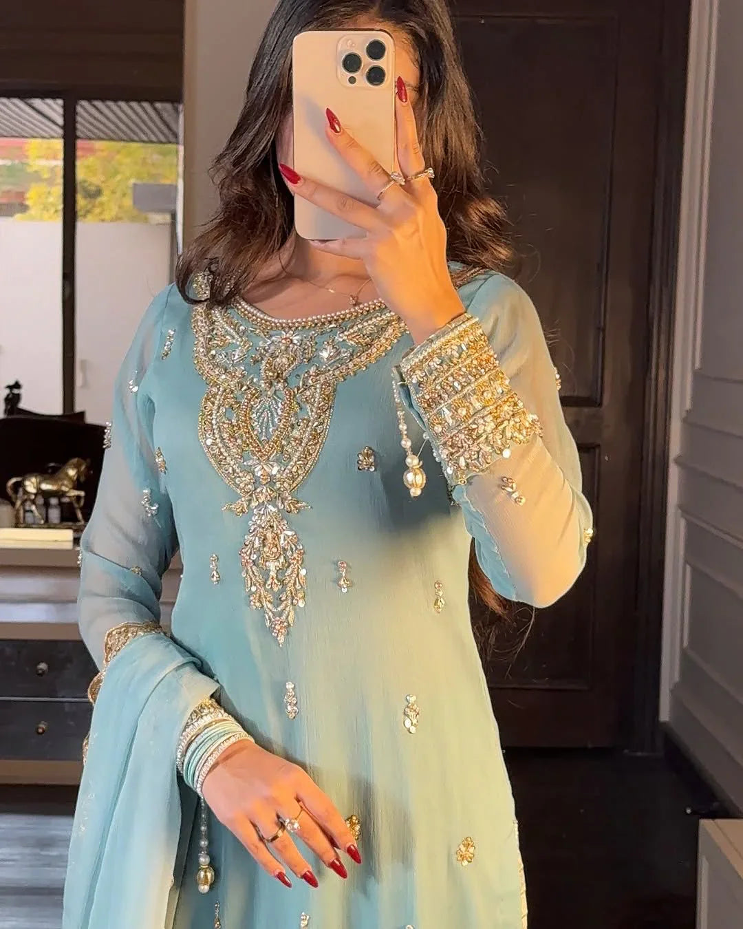 Wonderful Embroidery Work Sky Blue Color Sharara Suit