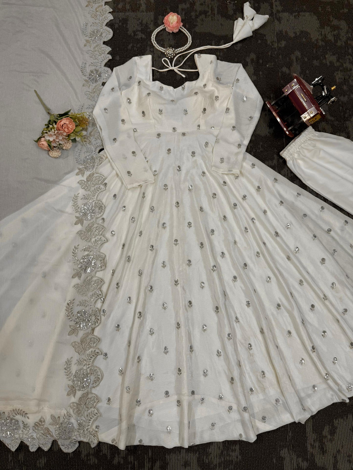 Designer Anarkali On Chinon febric with inner and Thred & Sequnce work and Pent