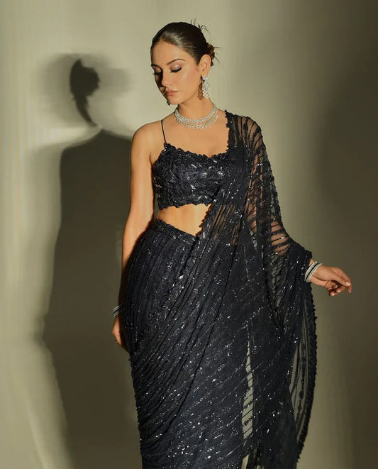 Adorable Mono Net Black Color Party Wear Saree