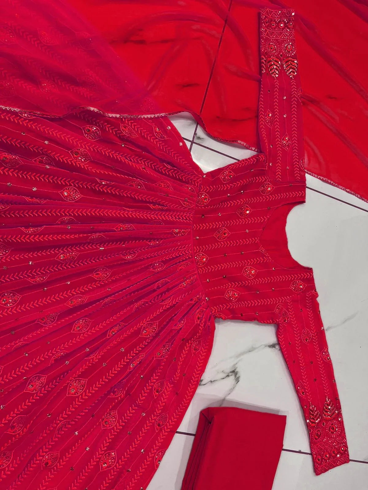 Marvelous Thred And Sequence Work Red Color Anarkali Suit