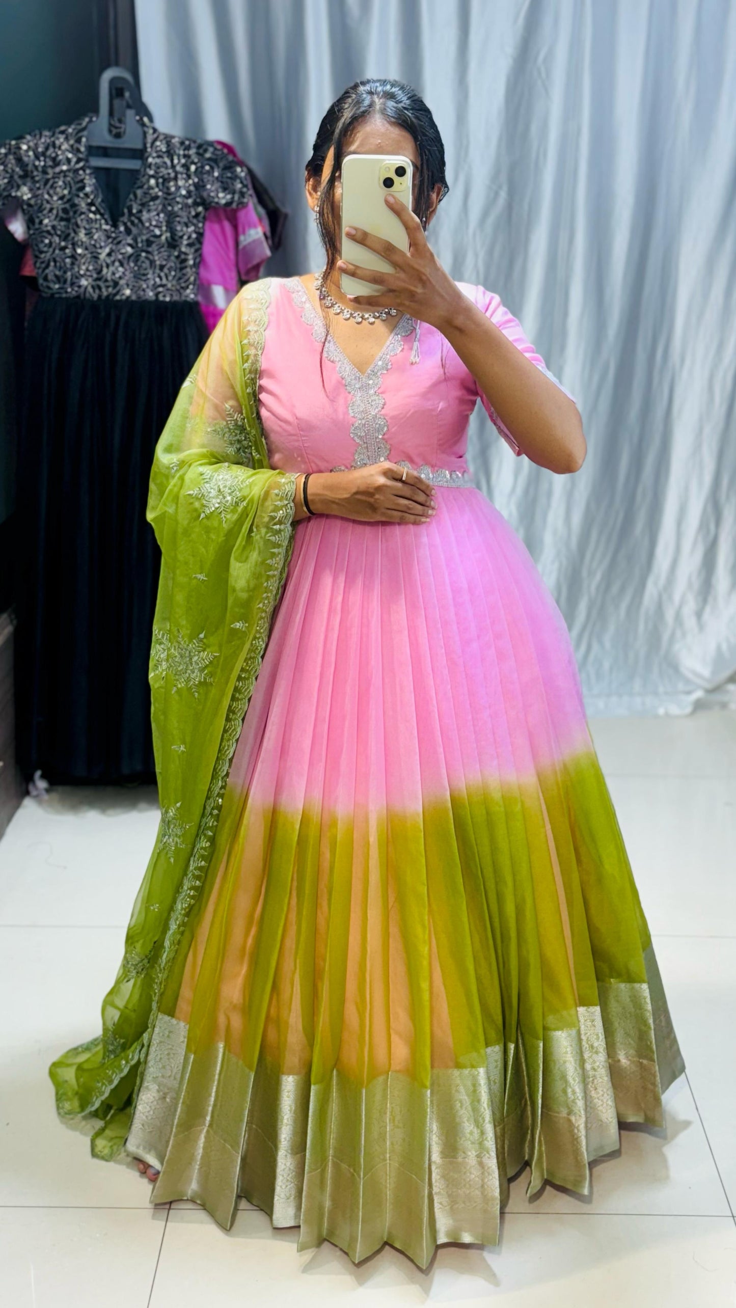 pink and green !!silver borders adding elegance paired with heavy embroidery duppta!