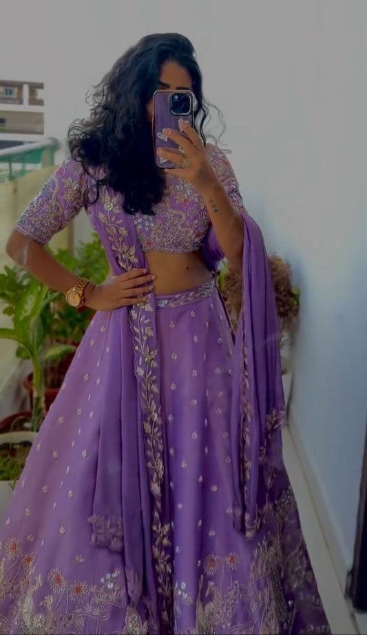 Traditional Wear Embroidery Work Lavender Color Lehenga Choli