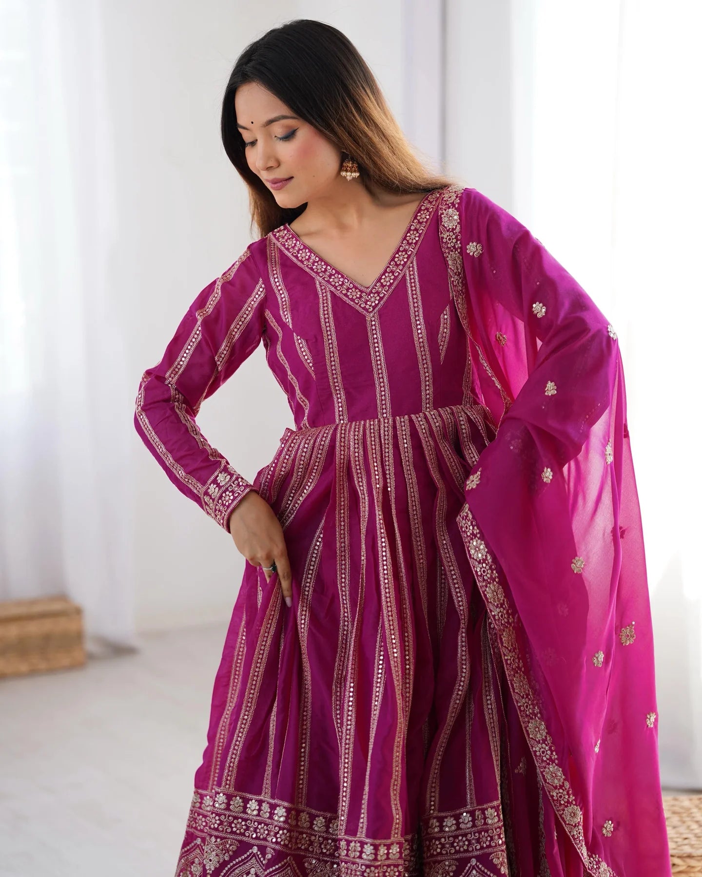 Wonderful Sequins Work Pink Color Gown