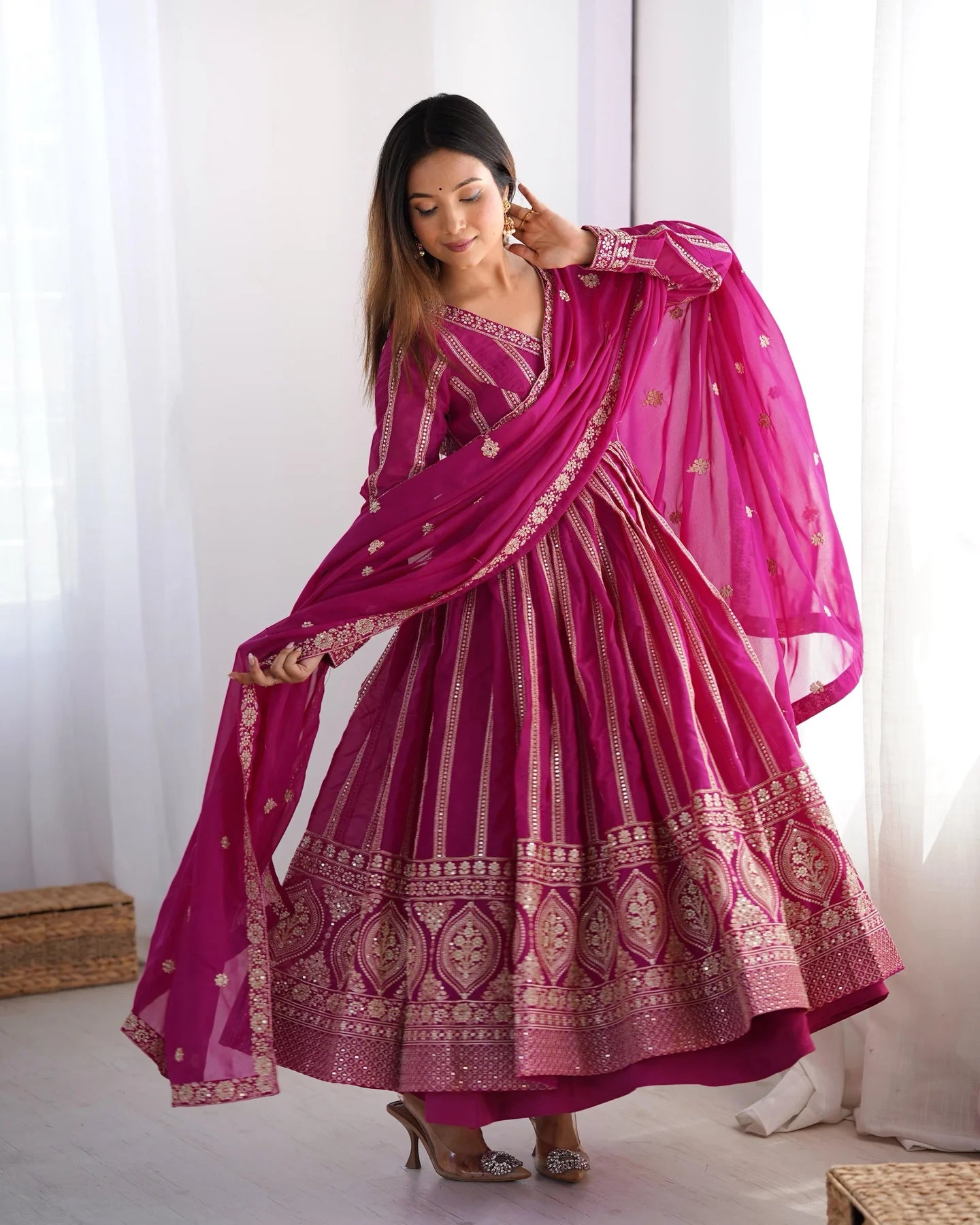 Wonderful Sequins Work Pink Color Gown