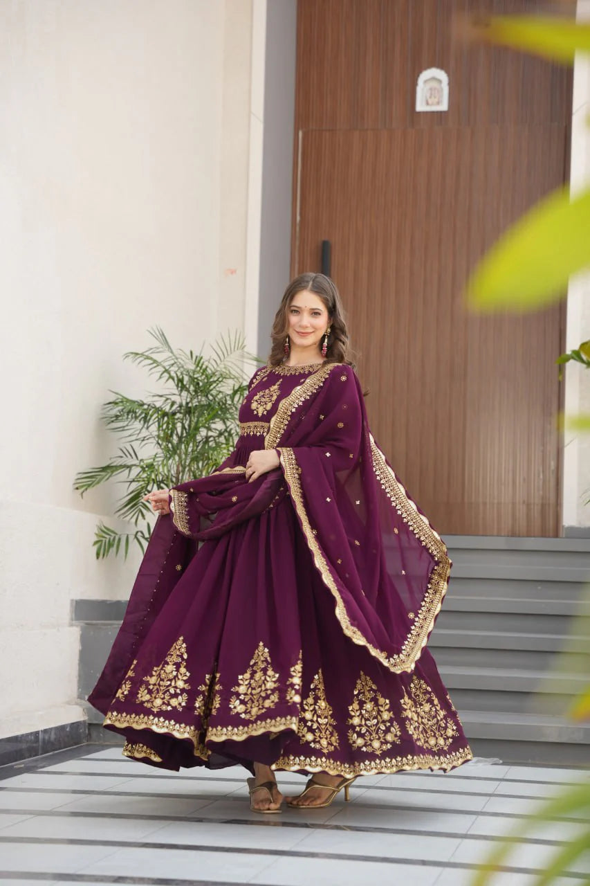 Designer Wine Gown With Embroidery Sequins Work
