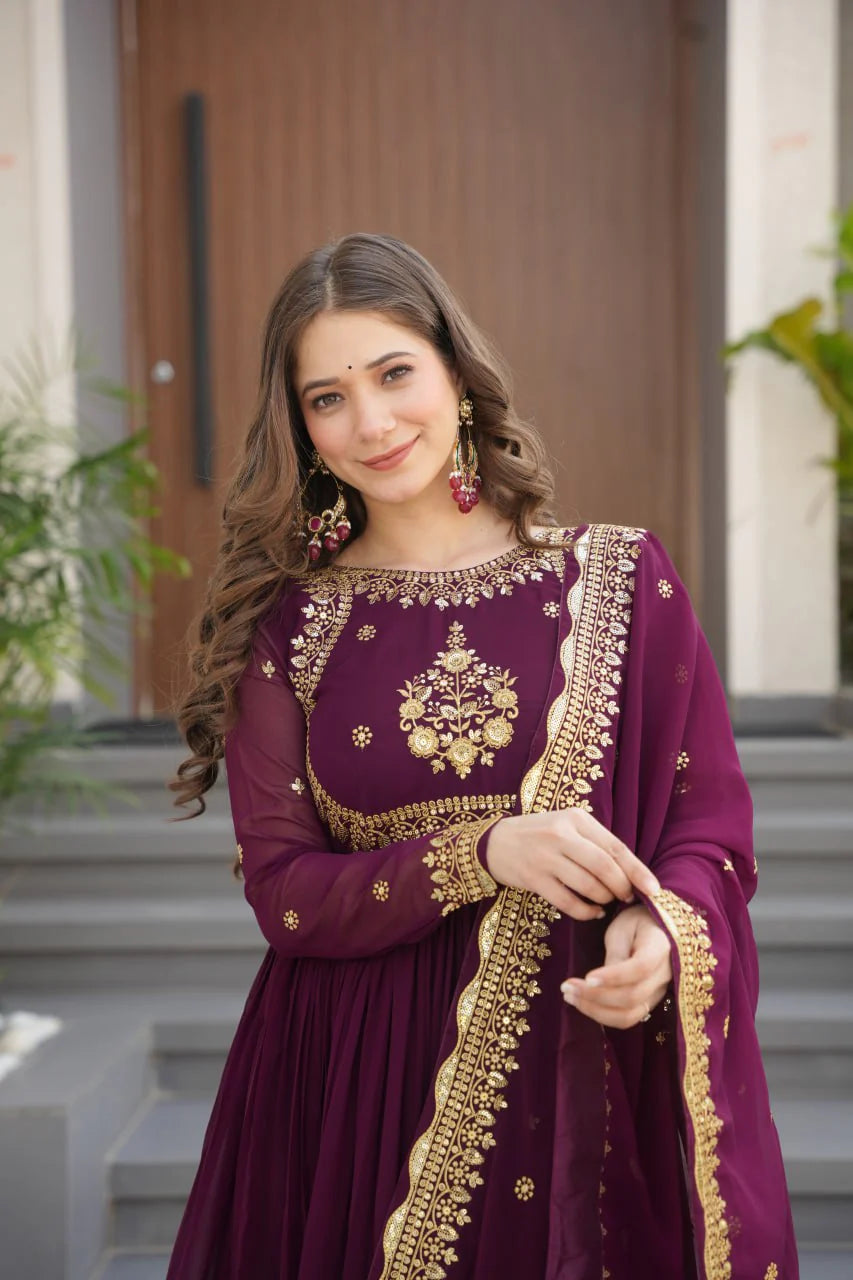 Designer Wine Gown With Embroidery Sequins Work