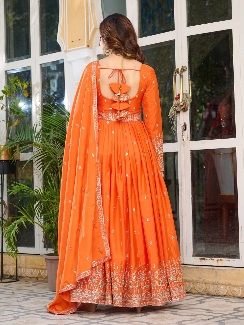 Attractive Sequins Work Orange Color Gown