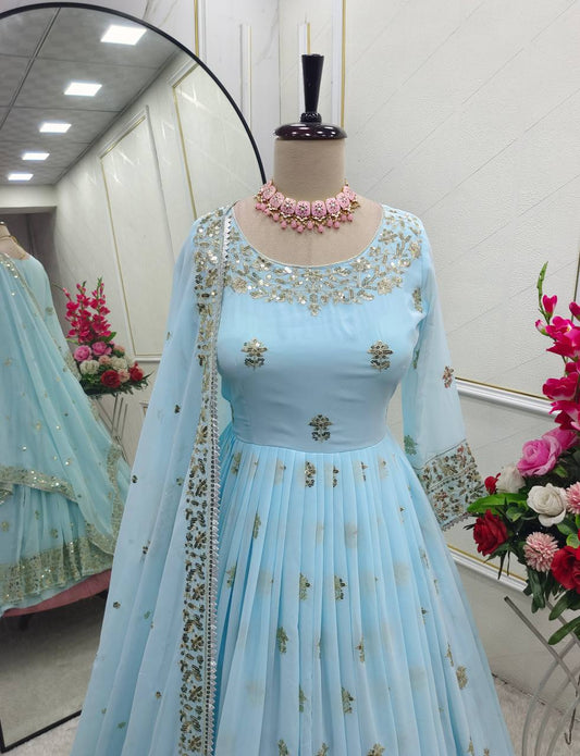 Good Looking Georgette Sequins Work Sky Blue Color Gown