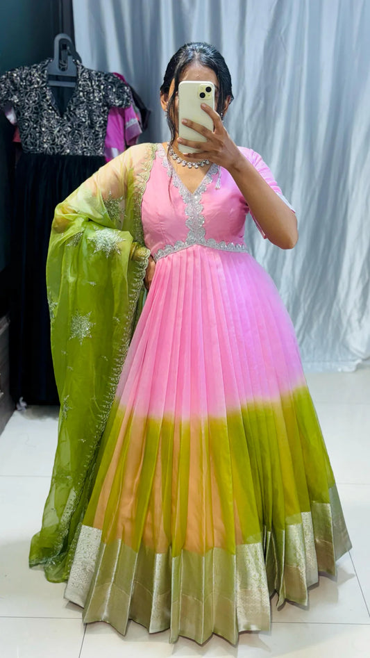 pink and green silver borders adding elegance paired with heavy embroidery dupatta
