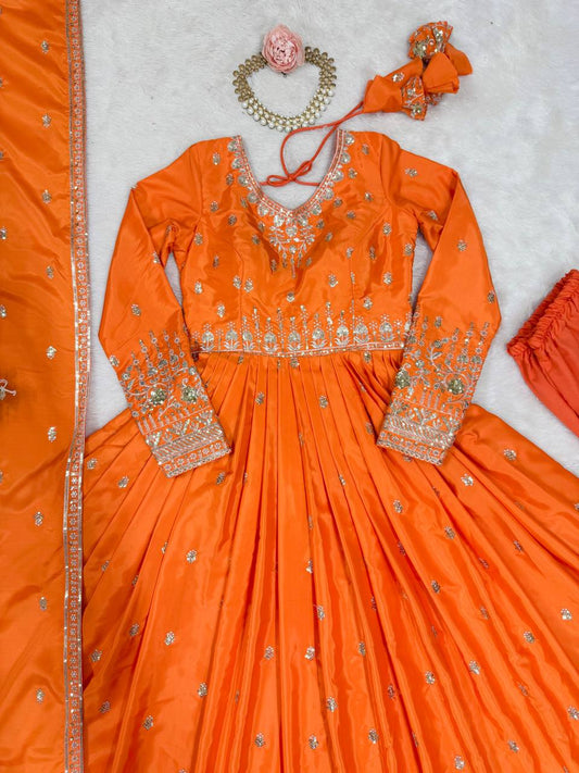 Attractive Sequins Work Orange Color Gown