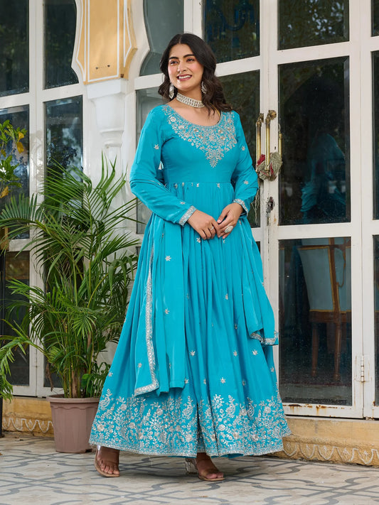 Fantastic sequins Work Sky Blue Color Gown