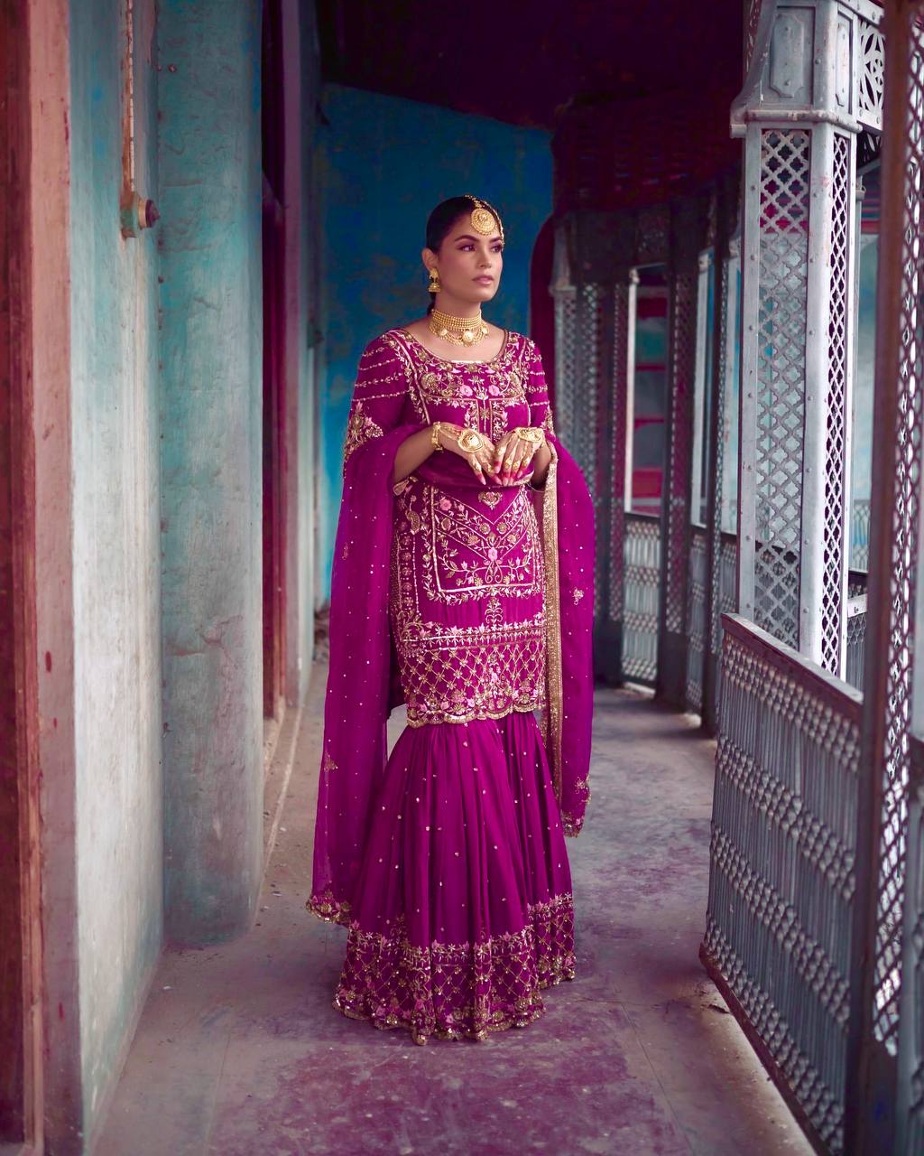 Captivating Chinon Silk Wine Color Sharara Suit