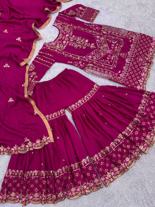 Captivating Chinon Silk Wine Color Sharara Suit