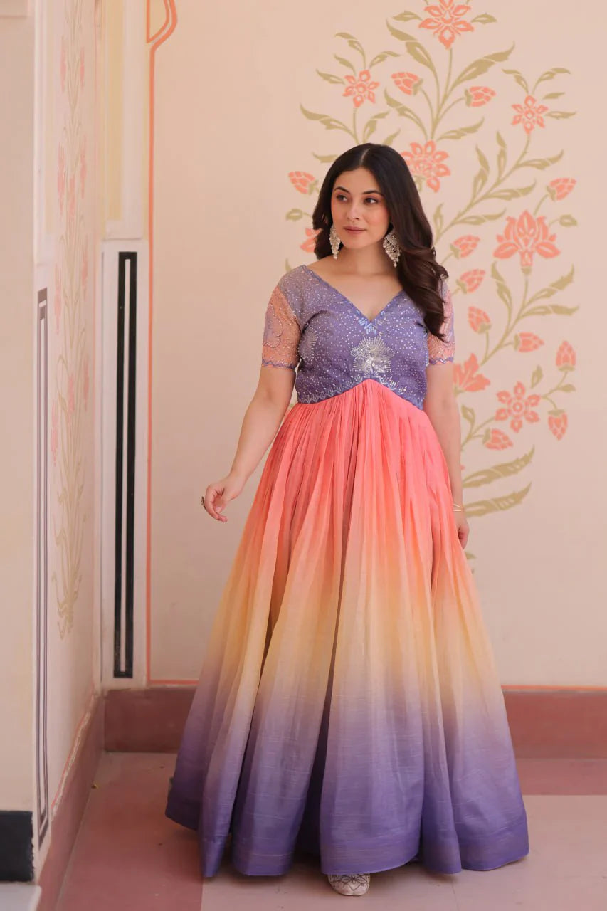 Fantastic Embroidered Work Shaded Lavender Color Gown