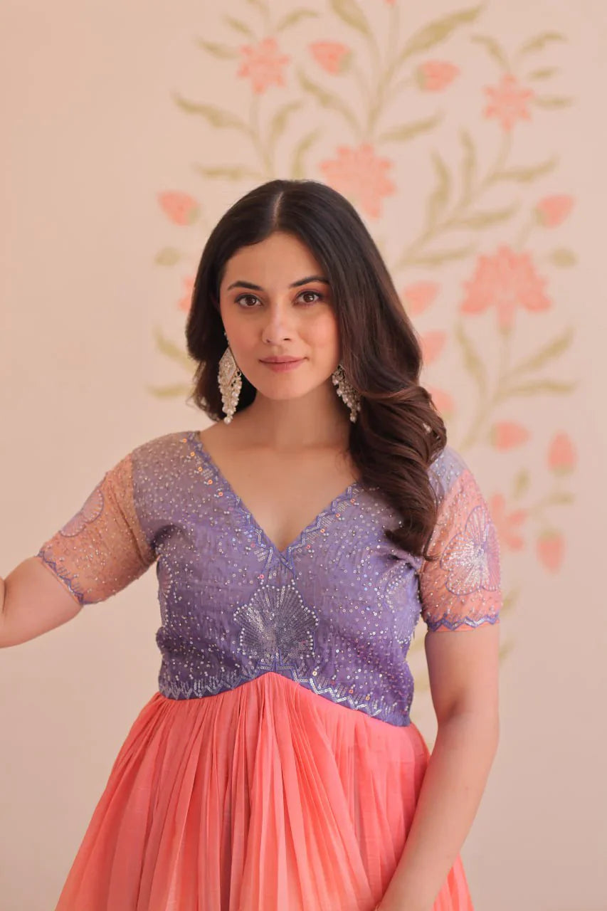 Fantastic Embroidered Work Shaded Lavender Color Gown