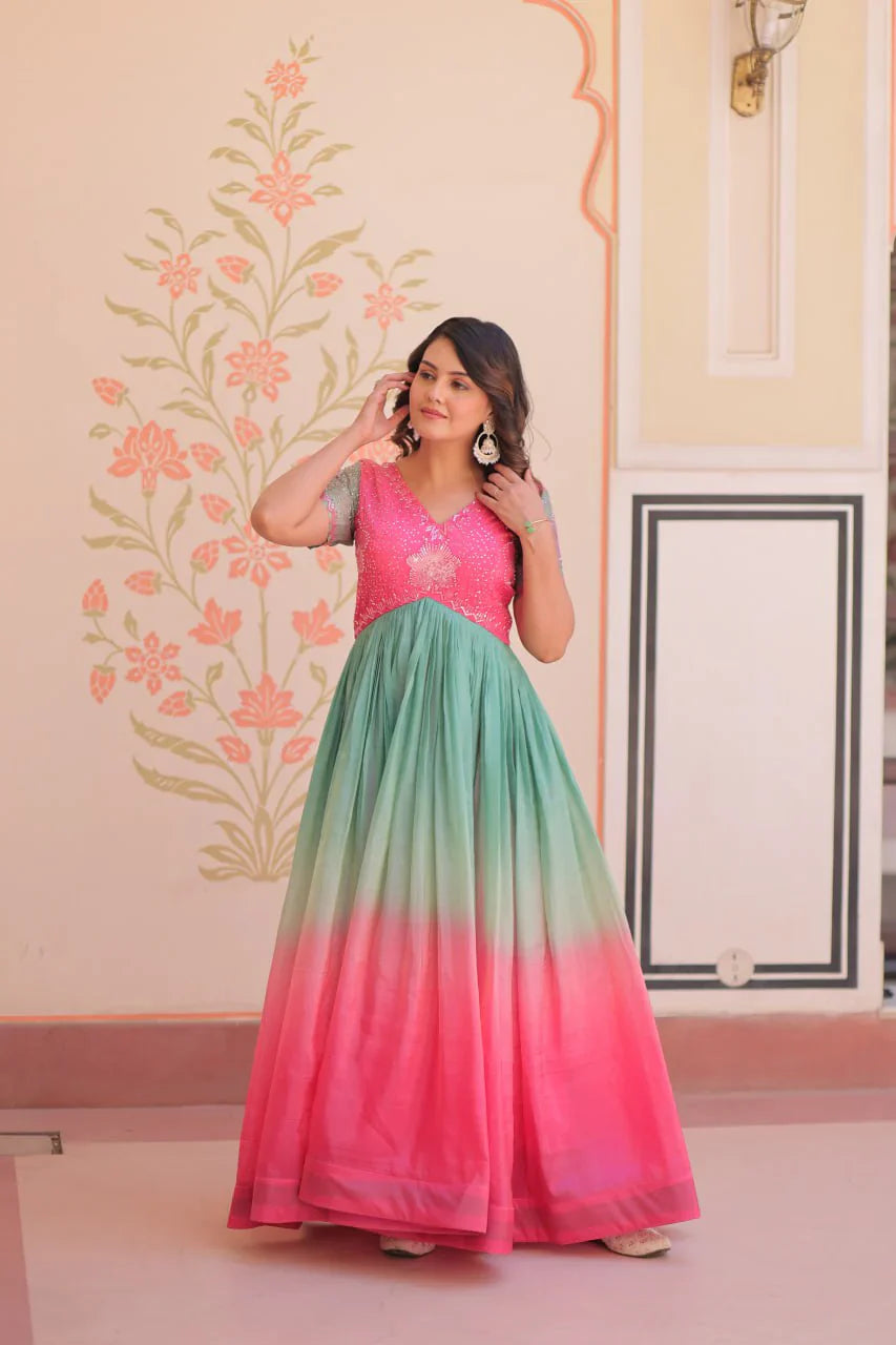 Fantastic Embroidered Work Shaded Pink Color Gown