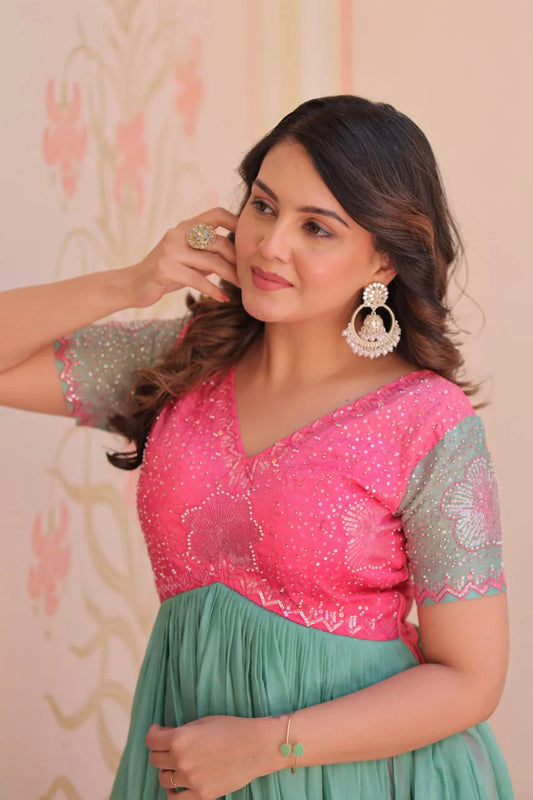 Fantastic Embroidered Work Shaded Pink Color Gown