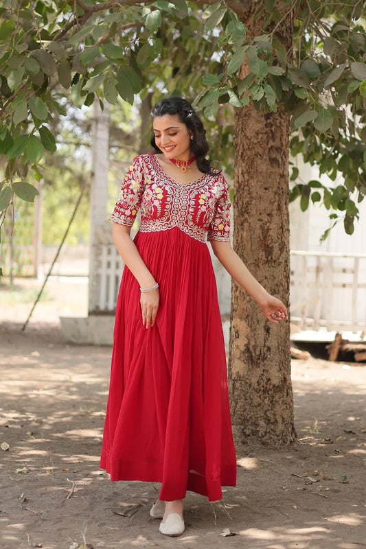 Outstanding Sequins Embroidery Work Red Color Gown