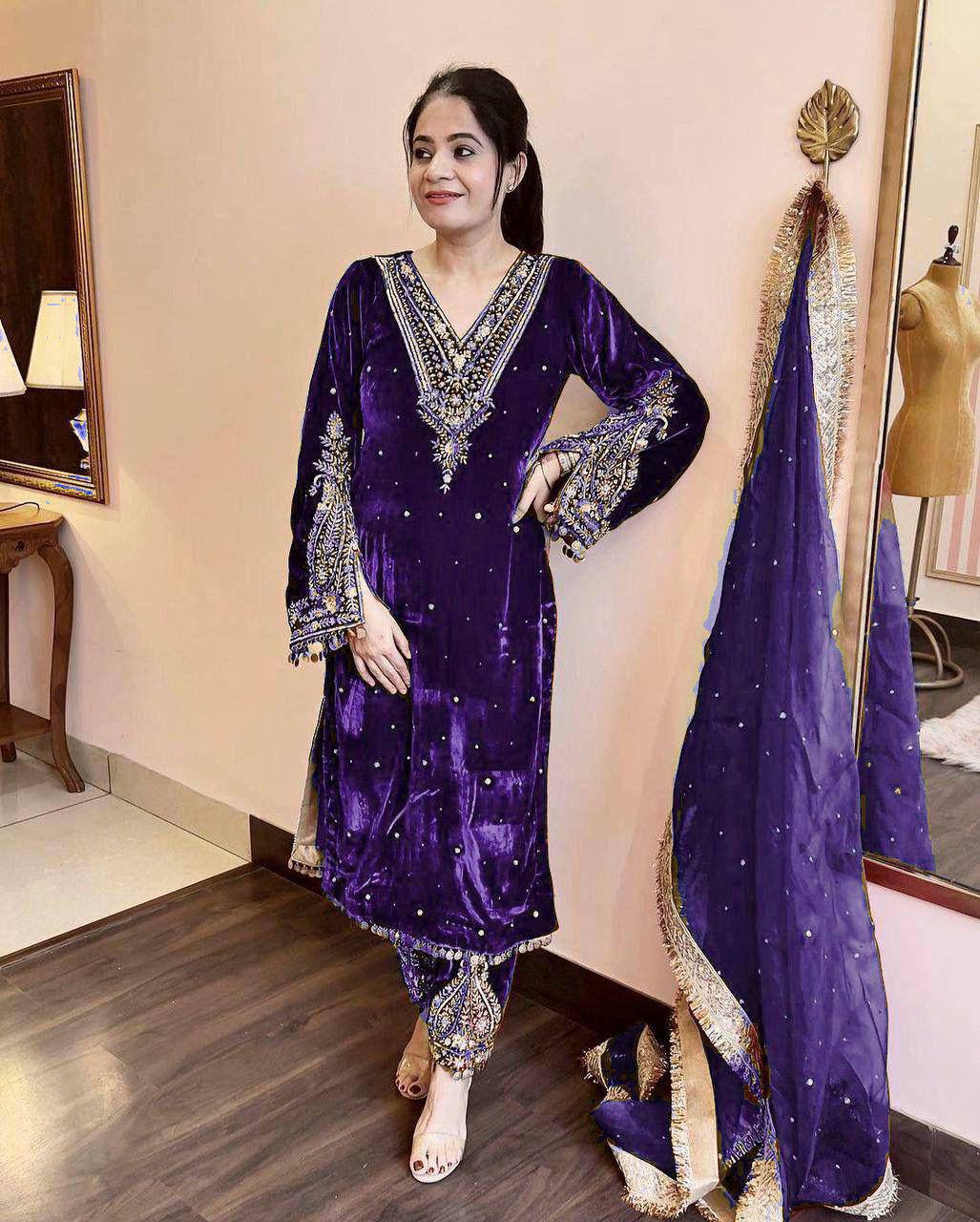 Fabulous Purple Color Velvet Sequence Work With Rivet Moti Work Suit